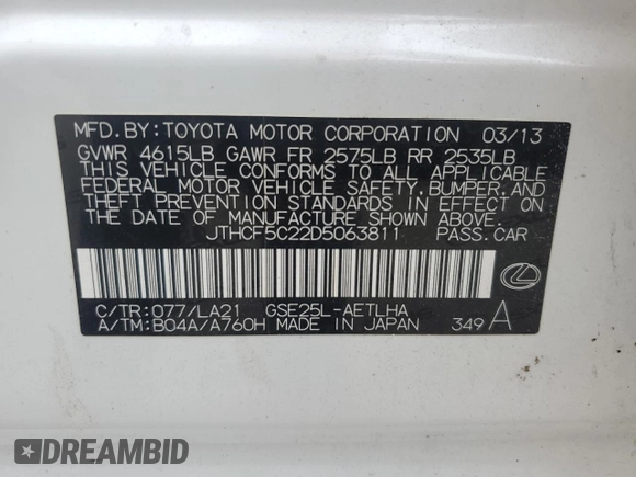 2013 Lexus IS 250 with VIN JTHCF5C22D5063811, listed as a Copart auction lot 61062115 with 154,854 mi miles and Clean title. Bid and sale history available at DreamBid. Image 12.