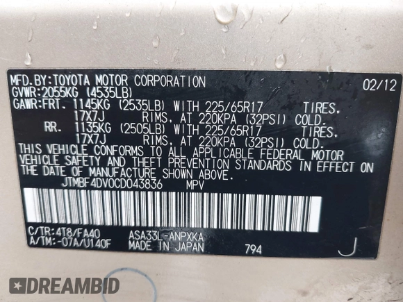2012 Toyota RAV4 with VIN JTMBF4DV0CD043836, listed as a IAAI auction lot 41364370 with 134,459 mi miles and . Bid and sale history available at DreamBid. Image 9.