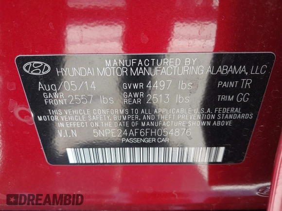 2015 Hyundai Sonata 2.4L SE with VIN 5NPE24AF6FH054876, listed as a IAAI auction lot 41997263 with 192,510 mi miles. Bid and sale history available at carsss.com. Image 9.