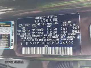 2023 Kia Telluride S with VIN 5XYP6DGC0PG334800, listed as a IAAI auction lot 42078611 with 27,486 mi miles and . Bid and sale history available at DreamBid. Image 9.