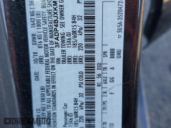 2019 Ford Fiesta SE z VIN 3FADP4BJXKM109534, wystawiony jako Copart lot #54074555 z przebiegiem 84 360 mil mil oraz Szkoda całkowita • Salvage title. Historia ofert i sprzedaży dostępna na DreamBid. Obrazek 12.