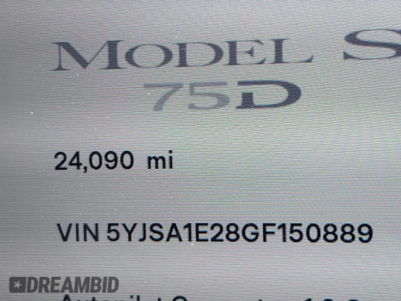 2016 Tesla Model S 90D with VIN 5YJSA1E28GF150889, listed as a IAAI auction lot 41958931 with 24,090 mi miles and . Bid and sale history available at DreamBid. Image 15.