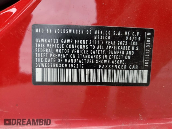 2019 Volkswagen Jetta SEL with VIN 3VWE57BUXKM192217, listed as a Copart auction lot 62532145 with 43,638 mi miles and Salvage title. Bid and sale history available at DreamBid. Image 12.