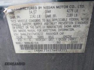 2007 Nissan Altima 2.5 with VIN 1N4AL21E17N458215, listed as a IAAI auction lot 41943990 with 190,234 mi miles. Bid and sale history available at carsss.com. Image 9.