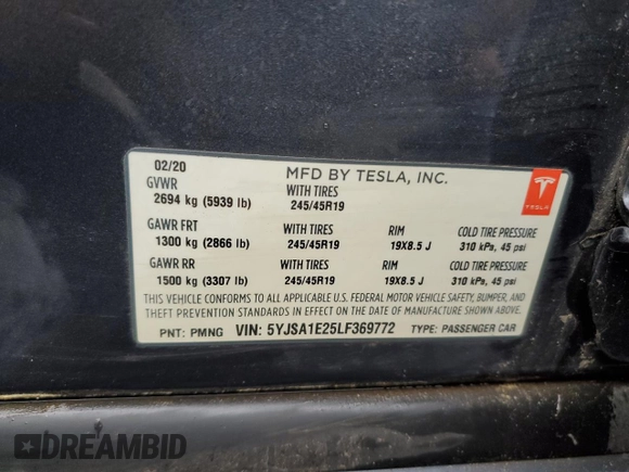 2020 Tesla Model S Long Range with VIN 5YJSA1E25LF369772, listed as a Copart auction lot 48212575 with 20,686 mi miles and Non repairable. Bid and sale history available at DreamBid. Image 12.