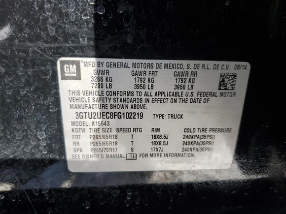 2015 GMC Sierra 1500 SLE with VIN 3GTU2UEC8FG102219, listed as a Copart auction lot 43598875 with 93,732 mi miles and Salvage Title. Bid and sale history available at carsss.com. Image 12.