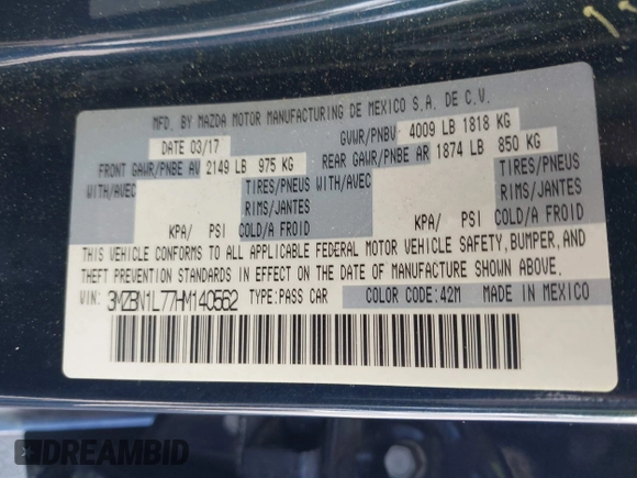 2017 Mazda 3 Touring with VIN 3MZBN1L77HM140562, listed as a IAAI auction lot 42761296 with 76,987 mi miles and . Bid and sale history available at DreamBid. Image 9.
