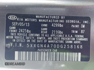 2013 Kia Optima EX with VIN 5XXGN4A70DG258168, listed as a IAAI auction lot 41209415 with 169,365 mi miles. Bid and sale history available at carsss.com. Image 9.