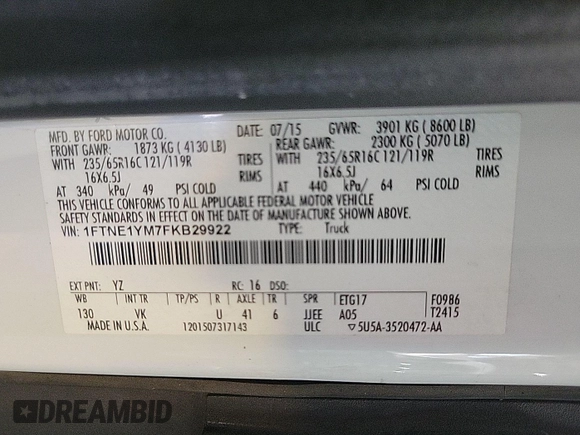 2015 Ford Transit Cargo with VIN 1FTNE1YM7FKB29922, listed as a IAAI auction lot 42842343 with 217,184 mi miles and . Bid and sale history available at DreamBid. Image 15.