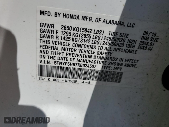 2019 Honda Pilot Touring 7-Passenger with VIN 5FNYF6H67KB024507, listed as a Copart auction lot 59041095 with 85,133 mi miles and Salvage title. Bid and sale history available at DreamBid. Image 13.