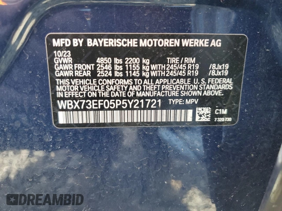 2023 BMW X1 xDrive28i with VIN WBX73EF05P5Y21721, listed as a Copart auction lot 50749295 with 10,633 mi miles and Salvage title. Bid and sale history available at DreamBid. Image 14.