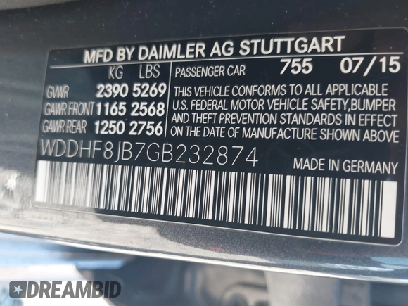 2016 Mercedes-Benz E with VIN WDDHF8JB7GB232874, listed as a IAAI auction lot 41735578 with 53,521 mi miles. Bid and sale history available at carsss.com. Image 9.