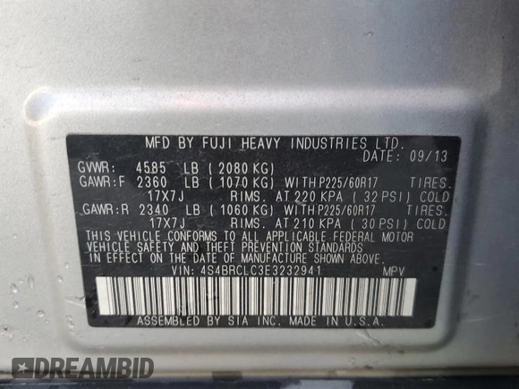 2014 Subaru Outback Limited with VIN 4S4BRCLC3E3232941, listed as a Copart auction lot 55287485 with 146,230 mi miles and Salvage Title. Bid and sale history available at DreamBid. Image 13.