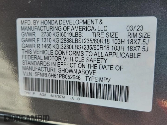 2023 Honda Odyssey EX-L с VIN 5FNRL6H61PB052646, выставлен на аукционе Copart как лот 57746825 с пробегом 19 949 миль миль и Списание • Salvage title. История ставок и продаж доступна на DreamBid. Изображение 13.