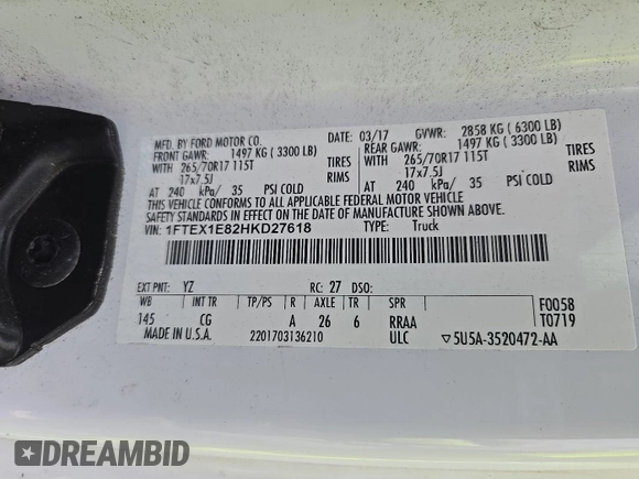 2017 Ford F-150 XL with VIN 1FTEX1E82HKD27618, listed as a IAAI auction lot 42796140 with 124,457 mi miles and . Bid and sale history available at DreamBid. Image 5.