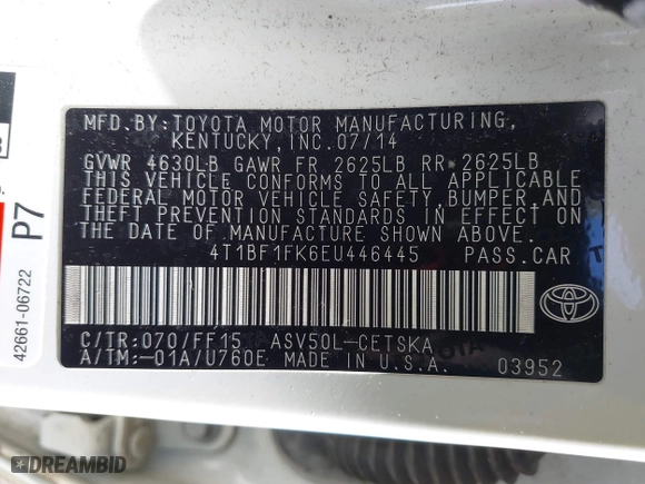 2014 Toyota Camry L with VIN 4T1BF1FK6EU446445, listed as a IAAI auction lot 41941091 with 114,884 mi miles. Bid and sale history available at carsss.com. Image 9.