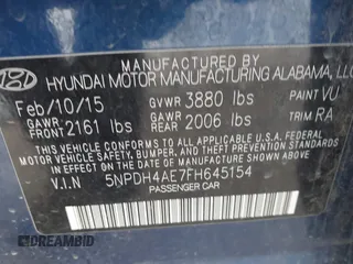 2015 Hyundai Elantra SE with VIN 5NPDH4AE7FH645154, listed as a IAAI auction lot 41830124 with 127,190 mi miles and . Bid and sale history available at DreamBid. Image 9.
