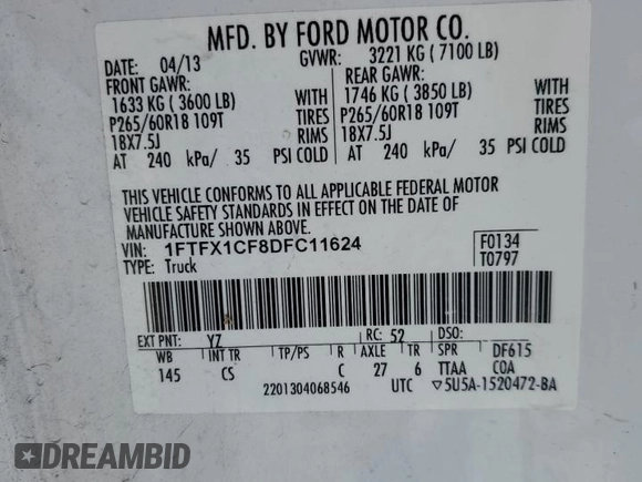 2013 Ford F-150 XL with VIN 1FTFX1CF8DFC11624, listed as a Copart auction lot 52699215 with 201,598 mi miles and Salvage Title. Bid and sale history available at carsss.com. Image 13.
