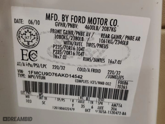 2010 Ford Escape XLT with VIN 1FMCU9D76AKD14542, listed as a Copart auction lot 43525125 with 202,601 mi miles and Clean Title. Bid and sale history available at carsss.com. Image 13.