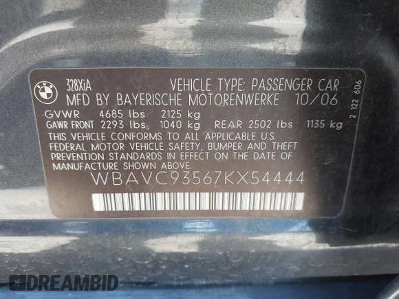 2007 BMW 3 Series 328xi with VIN WBAVC93567KX54444, listed as a IAAI auction lot 41819919 with 1 mi miles. Bid and sale history available at carsss.com. Image 9.