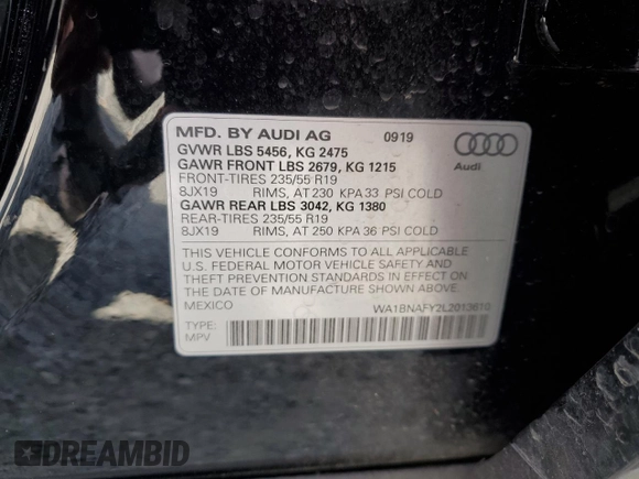 2020 Audi Q5 Premium Plus with VIN WA1BNAFY2L2013610, listed as a Copart auction lot 57633135 with 27,835 mi miles and Salvage title. Bid and sale history available at DreamBid. Image 14.