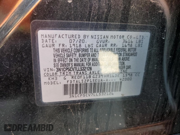 2020 Nissan Kicks SV with VIN 3N1CP5CV7LL532126, listed as a Copart auction lot 52618875 with 118,909 mi miles and Salvage Title. Bid and sale history available at carsss.com. Image 12.