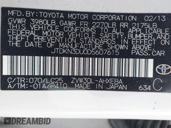 2013 Toyota Prius One with VIN JTDKN3DU0D5607615, listed as a IAAI auction lot 42049686 with 173,225 mi miles. Bid and sale history available at carsss.com. Image 9.