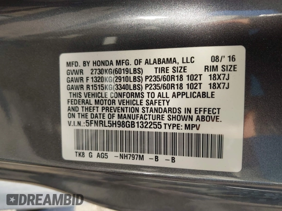 2016 Honda Odyssey Touring Elite with VIN 5FNRL5H98GB132255, listed as a IAAI auction lot 41839600 with 131,064 mi miles and . Bid and sale history available at DreamBid. Image 9.