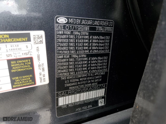 2019 Land Rover Discovery HSE with VIN SALRR2RV6KA095774, listed as a Copart auction lot 69895214 with 52,303 mi miles and Salvage Title. Bid and sale history available at carsss.com. Image 13.