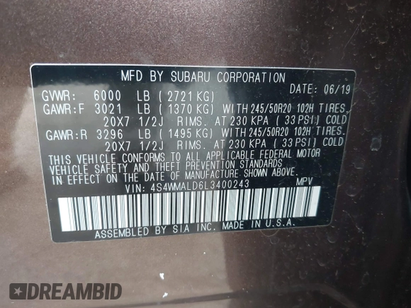 2020 Subaru Ascent Limited with VIN 4S4WMALD6L3400243, listed as a IAAI auction lot 42593197 with 49,465 mi miles and . Bid and sale history available at DreamBid. Image 9.