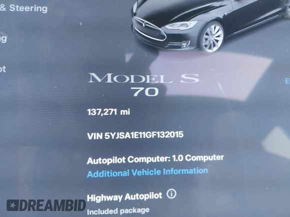 2016 Tesla Model S 70 with VIN 5YJSA1E11GF132015, listed as a IAAI auction lot 41408676 with 137,271 mi miles and . Bid and sale history available at DreamBid. Image 7.