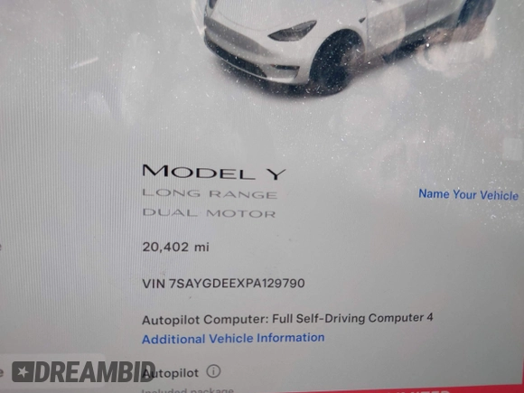 2023 Tesla Model Y Long Range with VIN 7SAYGDEEXPA129790, listed as a IAAI auction lot 41735721 with 20,402 mi miles and . Bid and sale history available at DreamBid. Image 7.
