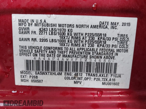 2015 Mitsubishi Outlander GT with VIN 4A4AP4AWXFE034686, listed as a IAAI auction lot 42185445 with 141,170 mi miles and . Bid and sale history available at DreamBid. Image 9.