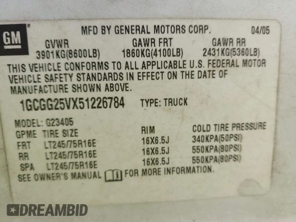 2005 Chevrolet Express Cargo Van with VIN 1GCGG25VX51226784, listed as a IAAI auction lot 42012325 with 537,878 mi miles. Bid and sale history available at carsss.com. Image 9.