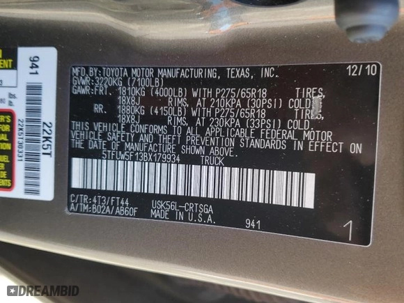 2011 Toyota Tundra 4WD Truck with VIN 5TFUW5F13BX179934, listed as a Copart auction lot 46413205 with 149,568 mi miles and Salvage Title. Bid and sale history available at carsss.com. Image 12.