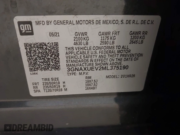 2021 Chevrolet Equinox LT with VIN 3GNAXUEV2ML375190, listed as a IAAI auction lot 41991148 with 60,016 mi miles and . Bid and sale history available at DreamBid. Image 9.