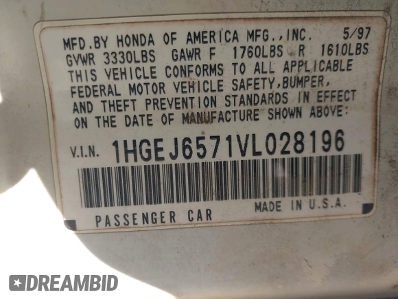 1997 Honda Civic LX with VIN 1HGEJ6571VL028196, listed as a IAAI auction lot 41429128 with 398,114 mi miles. Bid and sale history available at carsss.com. Image 9.