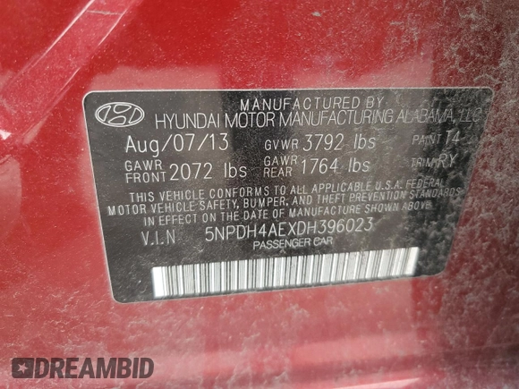 2013 Hyundai Elantra Limited with VIN 5NPDH4AEXDH396023, listed as a Copart auction lot 49030115 with 107,419 mi miles and Salvage Title. Bid and sale history available at DreamBid. Image 15.