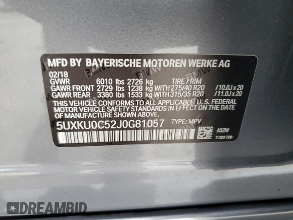 2018 BMW X6 sDrive35i with VIN 5UXKU0C52J0G81057, listed as a Copart auction lot 50698205 with 67,735 mi miles and Salvage Title. Bid and sale history available at carsss.com. Image 15.
