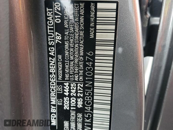 2020 Mercedes-Benz CLA 250 with VIN W1K5J4GB5LN103476, listed as a Copart auction lot 50691265 with 63,096 mi miles and Salvage Title. Bid and sale history available at DreamBid. Image 14.
