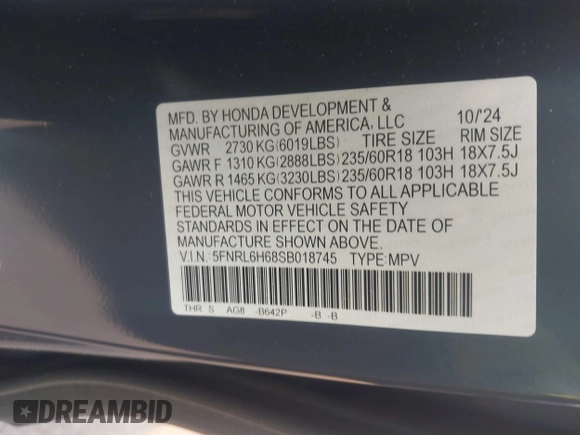 2025 Honda Odyssey EX-L z VIN 5FNRL6H68SB018745, wystawiony jako IAAI lot #42416672 z przebiegiem 6 019 mil mil oraz . Historia ofert i sprzedaży dostępna na DreamBid. Obrazek 9.