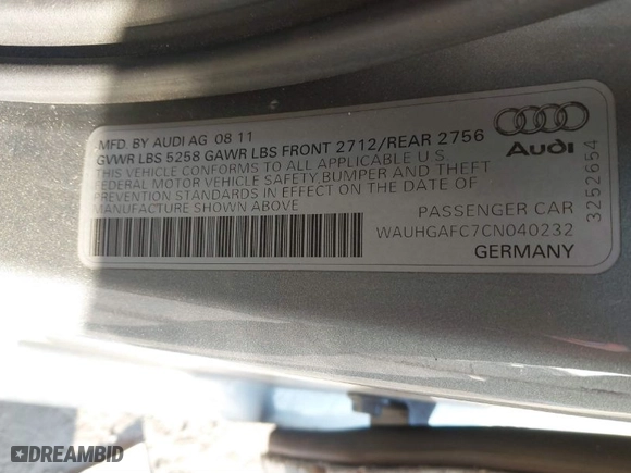 2012 Audi A6 3.0T Prestige with VIN WAUHGAFC7CN040232, listed as a IAAI auction lot 40731665 with 1 mi miles. Bid and sale history available at carsss.com. Image 9.