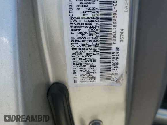 2000 Toyota Camry CE with VIN 4T1BG22K6YU710227, listed as a Copart auction lot 51963795 with 140,034 mi miles and Salvage Title. Bid and sale history available at carsss.com. Image 14.