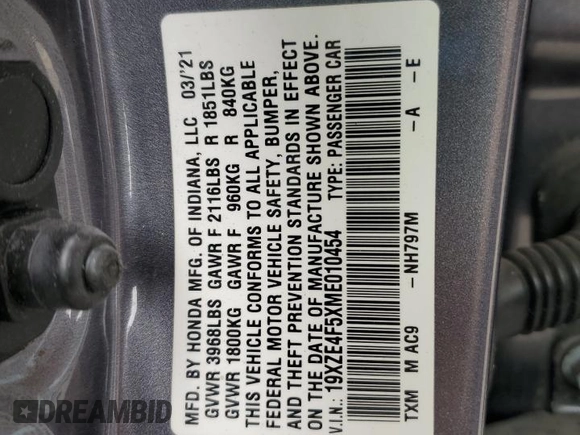 2021 Honda Insight EX with VIN 19XZE4F5XME010454, listed as a Copart auction lot 50452055 with 73,506 mi miles and Salvage Title. Bid and sale history available at carsss.com. Image 15.
