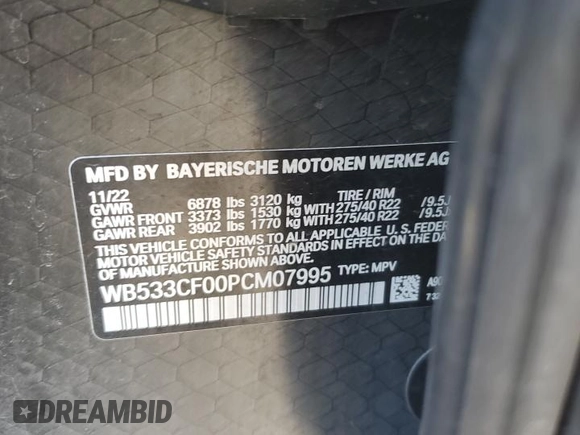2023 BMW iX M60 z VIN WB533CF00PCM07995, wystawiony jako Copart lot #46043845 z przebiegiem Nie podano mil oraz Szkoda całkowita • Salvage title. Historia ofert i sprzedaży dostępna na DreamBid. Obrazek 14.