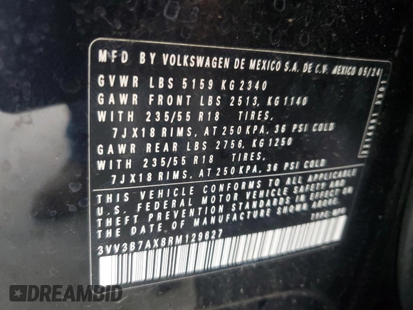 2024 Volkswagen Tiguan SE with VIN 3VV3B7AX8RM129627, listed as a Copart auction lot 59883085 with 16,944 mi miles and Salvage title. Bid and sale history available at DreamBid. Image 14.