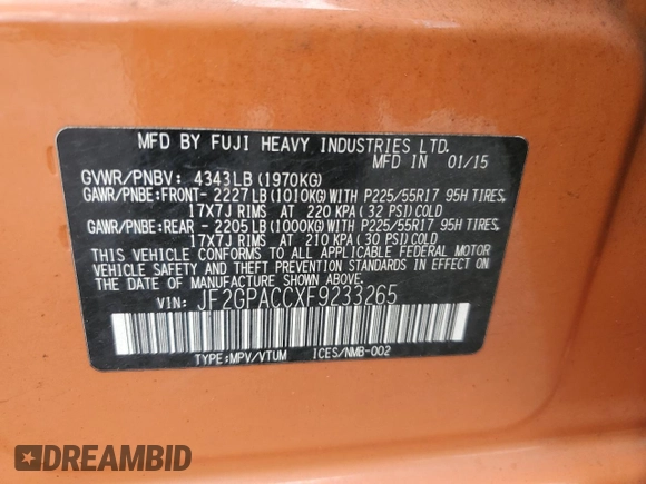 2015 Subaru Crosstrek Premium with VIN JF2GPACCXF9233265, listed as a Copart auction lot 66368425 with 106,310 mi miles and Salvage title. Bid and sale history available at DreamBid. Image 13.