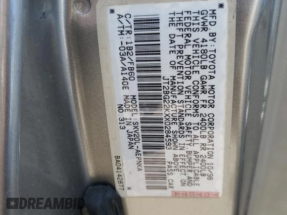 1999 Toyota Camry LE с VIN JT2BG22KXX0284593, выставлен на аукционе Copart как лот 54061685 с пробегом 229 047 миль миль и Списание • Salvage title. История ставок и продаж доступна на DreamBid. Изображение 12.