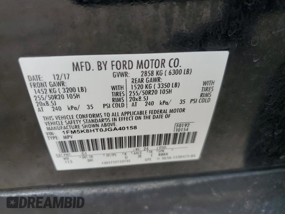 2018 Ford Explorer Platinum с VIN 1FM5K8HT0JGA40158, выставлен на аукционе Copart как лот 56282075 с пробегом 109 769 миль миль и Чистый • Clean title. История ставок и продаж доступна на DreamBid. Изображение 14.