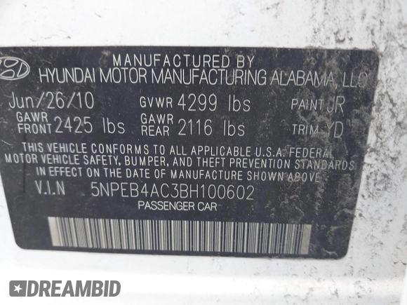 2011 Hyundai Sonata GLS with VIN 5NPEB4AC3BH100602, listed as a IAAI auction lot 42134998 with 205,102 mi miles. Bid and sale history available at carsss.com. Image 9.